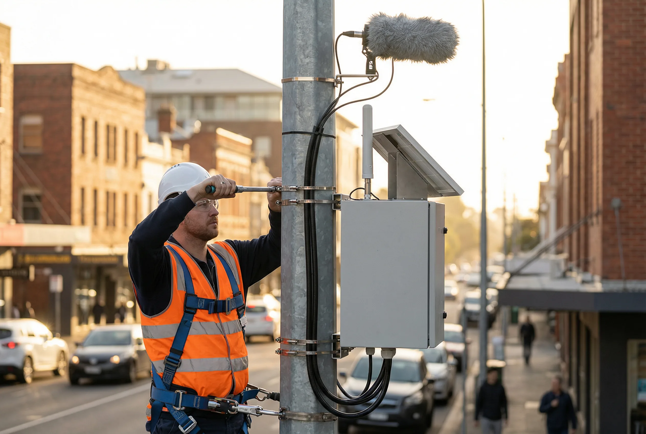Professional ENMS installation showing technician mounting noise monitoring station on urban pole